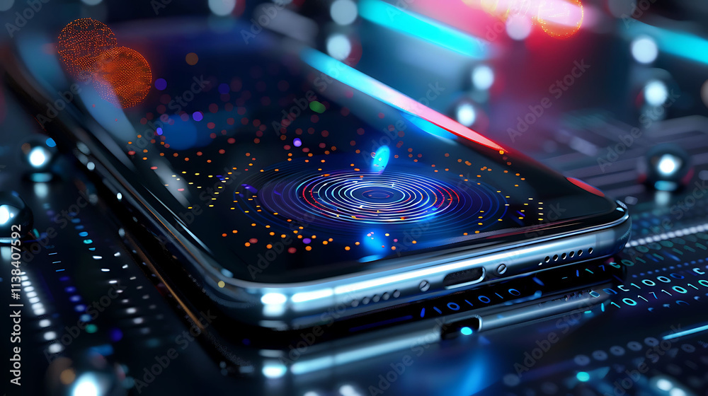 A close-up of a futuristic biometric scanner on a phonea??s screen, A close-up of a futuristic biometric scanner on a phonea??s screen,