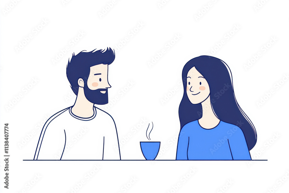 A man and a woman are sitting at a table with a cup of coffee between them