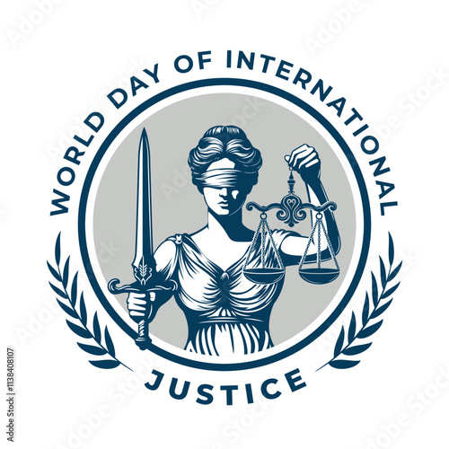 World Day of international justice sign with hand drawn lady justice vector illustration