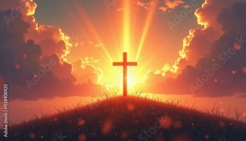 Stunning Sunrise with Cross Silhouette Over Hill, Evoking Hope and Spiritual Reflection