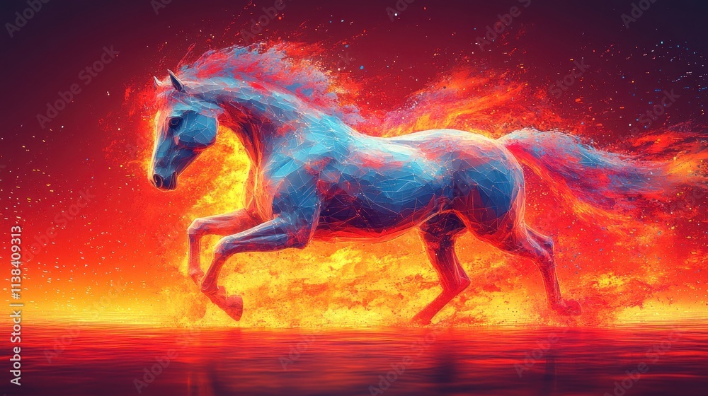 A vibrant horse gallops through flames, showcasing a blend of energy and motion.