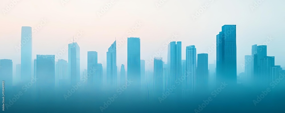 Silhouette of a modern city skyline in a soft blue mist at dawn. Silhouette of a modern city skyline in a soft blue mist at dawn.