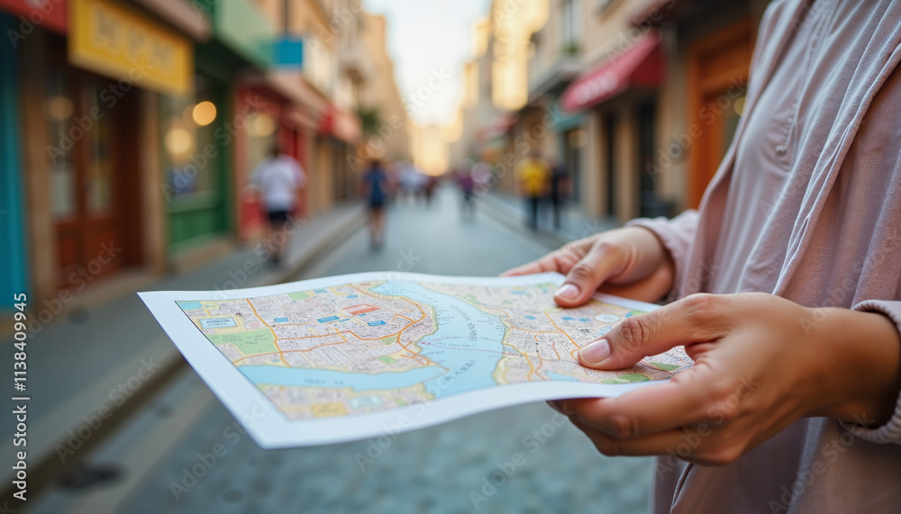 Fototapeta premium Exploring a vibrant street with a map in hand during a sunny afternoon in the heart of a historic city