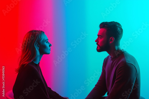 Gaslight manipulation toxic narcissism and abuse psychology concept. Silhouettes of a man and woman facing each other, illuminated by vibrant red and blue lighting, evoking emotion and connection.