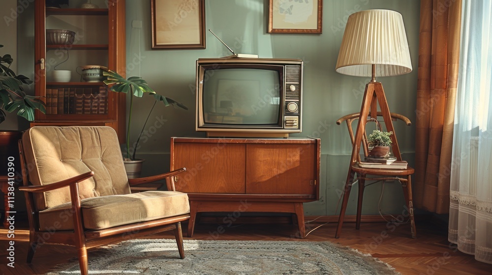 Obraz premium Vintage living room with retro TV, armchair, and wooden furniture.