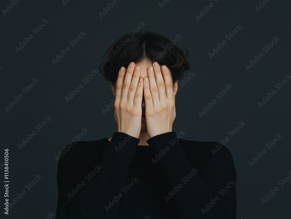Gaslight manipulation toxic narcissism and abuse psychology concept. A person with hands covering their face, expressing emotions against a dark background. Gaslight manipulation toxic narcissism and abuse psychology concept. A person with hands covering their face, expressing emotions against a dark background.