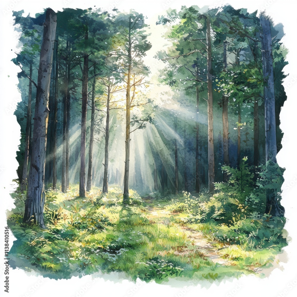 Fototapeta premium Watercolor Forest with Sun Rays