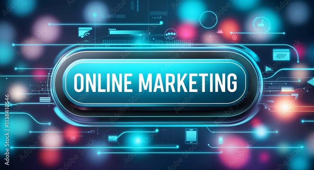 online marketing word lettering on a button in digital tech blur background online marketing word lettering on a button in digital tech blur background