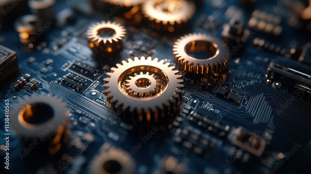 Fototapeta premium The image features a close-up view of a digital circuit board with several metallic gears prominently displayed. The gears are rendered in a shiny gold color, reflecting light