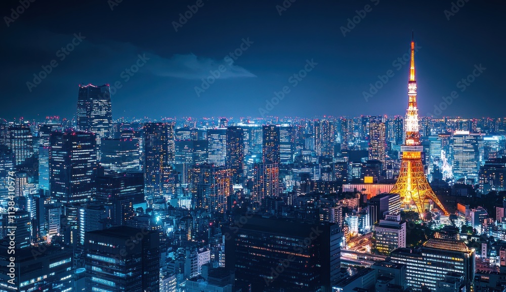 Fototapeta premium Tokyo cityscape at night with illuminated tower.