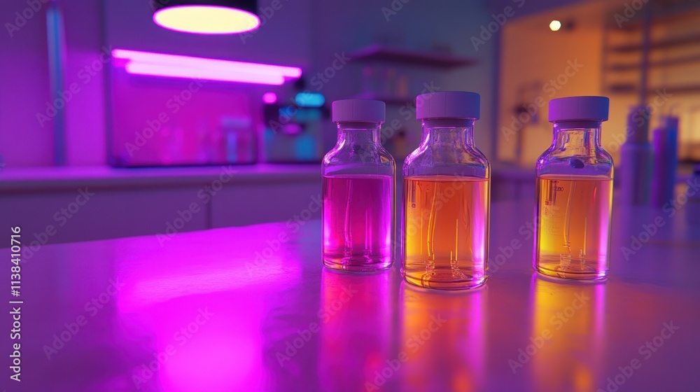Vivid chemical solutions in glass containers, lit by bright laboratory lights, creating a realistic and vibrant scene. Vivid chemical solutions in glass containers, lit by bright laboratory lights, creating a realistic and vibrant scene.