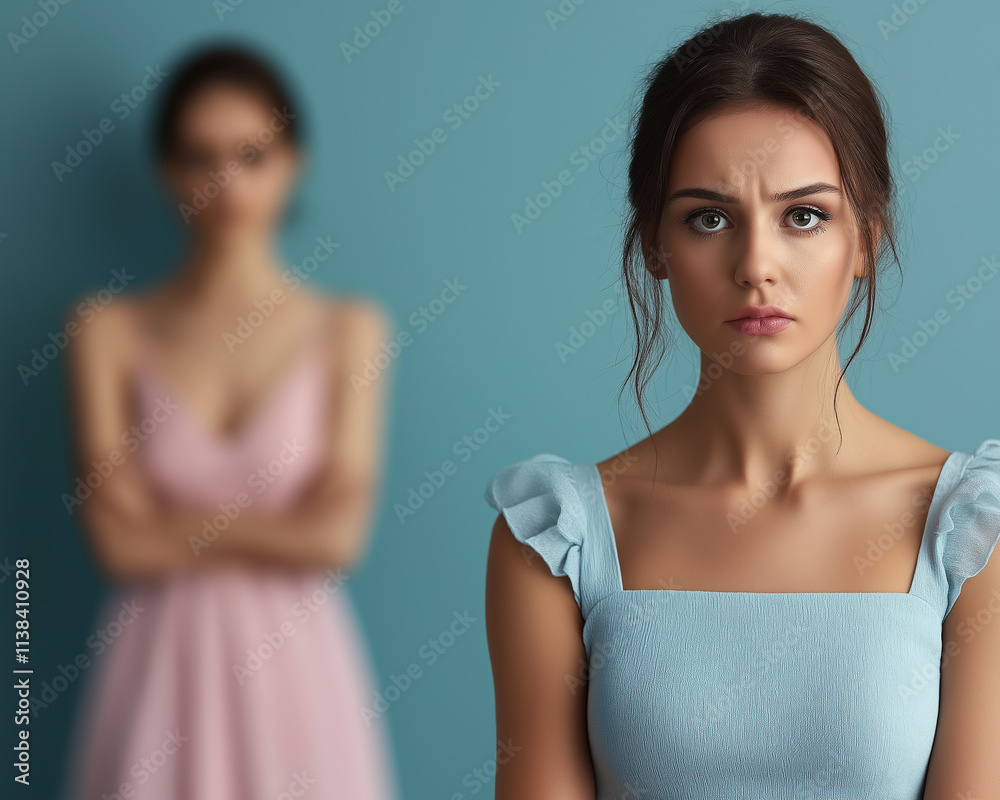 Gaslight manipulation toxic narcissism and abuse psychology concept. Two women in elegant dresses stand against a blue background, one looking worried while the other appears distant, creating an emot Gaslight manipulation toxic narcissism and abuse psychology concept. Two women in elegant dresses stand against a blue background, one looking worried while the other appears distant, creating an emot