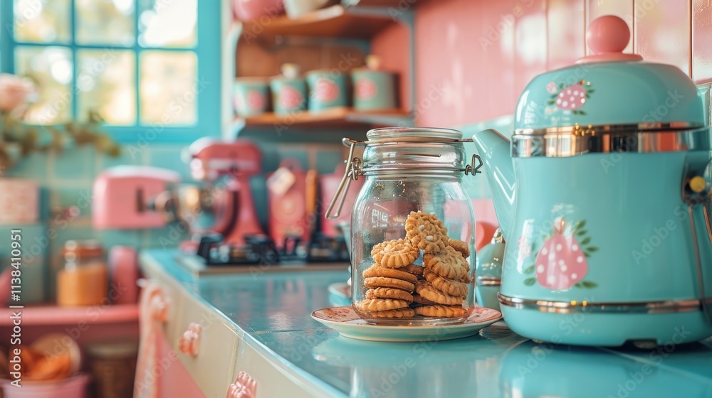 Pastel kitchen countertop with cookies and kettle. Pastel kitchen countertop with cookies and kettle.