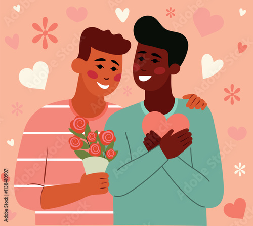 Pareja masculina sosteniendo flores y un corazón, celebrando el día del amor con fondo rosa decorado de corazones y flores, San Valentín
