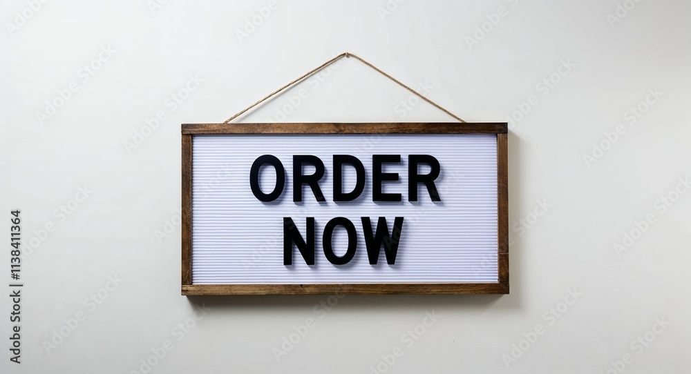 Order now lettering on hanging sign board on plain white background Order now lettering on hanging sign board on plain white background