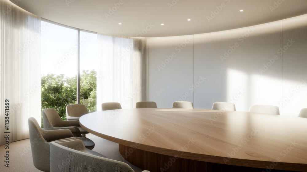 Fototapeta premium Round table, board room concept. Modern circular meeting room with large wooden table and natural light