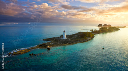 Nassau, Bahamas at dawn with the Hog Island Lighthouse in the foreground. photo