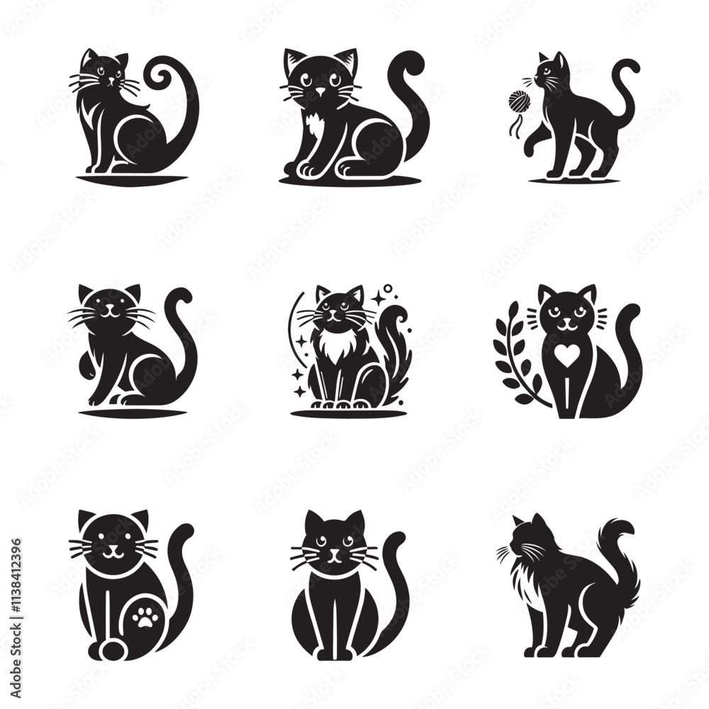 Naklejka premium Set of black cat silhouettes. Stencil for Halloween, card, poster or other design. Black cat.