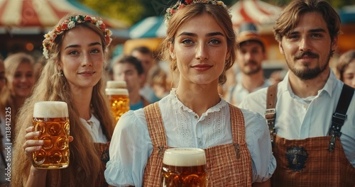 Smiling young people in traditional Bavarian attire at a festive Oktoberfest event, holding large beer mugs and enjoying camaraderie photo