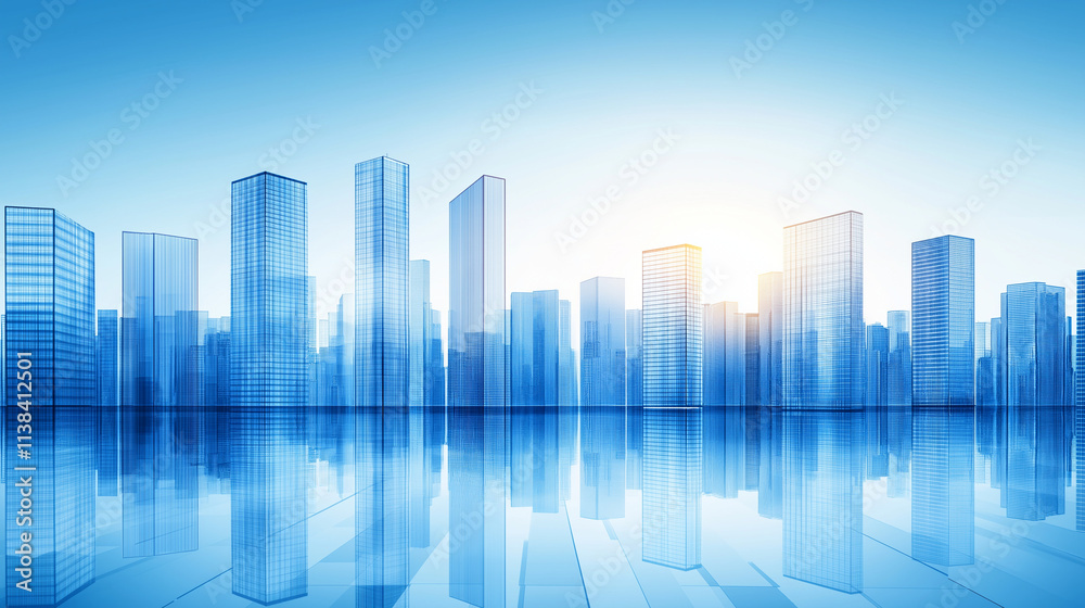 Blue Gradient Glass Skyscraper Cityscape with Floor Reflections, Futuristic Corporate Concept Art with High Resolution and Motion Blur. Blue Gradient Glass Skyscraper Cityscape with Floor Reflections, Futuristic Corporate Concept Art with High Resolution and Motion Blur.