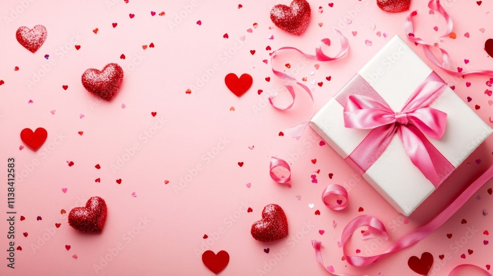 Top view photo of st valentine's day decorations white gift box with bow pink curly ribbon and sequins on isolated pastel pink background with copy space Top view photo of st valentine's day decorations white gift box with bow pink curly ribbon and sequins on isolated pastel pink background with copy space