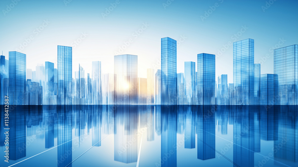 Blue Gradient Glass Skyscraper Cityscape with Floor Reflections, Futuristic Corporate Concept Art with High Resolution and Motion Blur. Blue Gradient Glass Skyscraper Cityscape with Floor Reflections, Futuristic Corporate Concept Art with High Resolution and Motion Blur.