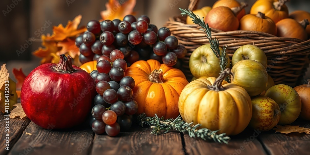 A Rustic Still Life Featuring a Pomegranate, Pumpkins, Grapes, and Apples Nestled on a Wooden Table A Rustic Still Life Featuring a Pomegranate, Pumpkins, Grapes, and Apples Nestled on a Wooden Table