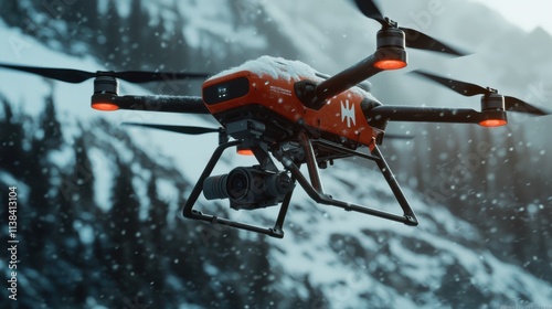 Medical drone delivering supplies in emergency zone mountain landscape aerial view rescue operations concept