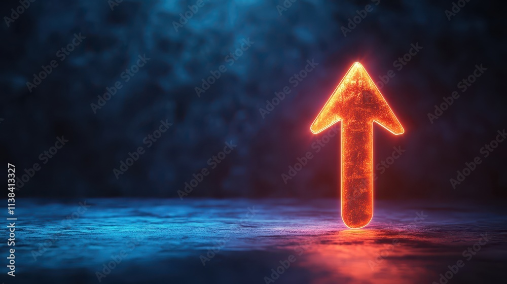 Fototapeta premium Bright Glowing Arrow Pointing Upward Against Dark Background with Dramatic Lighting Effects for Inspirational Themes
