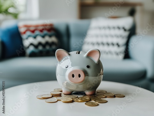 Saving money with a piggy bank in a cozy living room financial planning indoor close-up budgeting concept