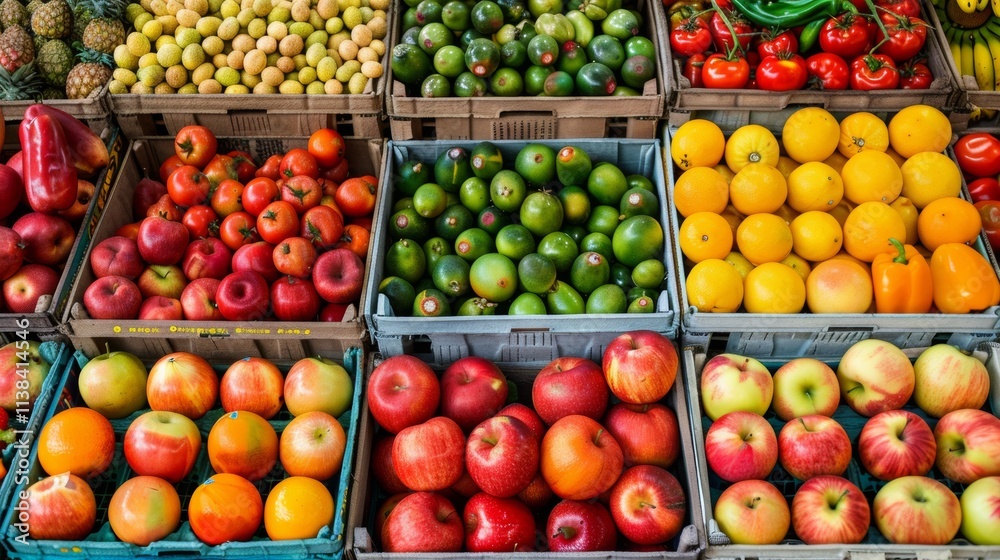 Vibrant market crates filled with fresh fruits and vegetables Vibrant market crates filled with fresh fruits and vegetables