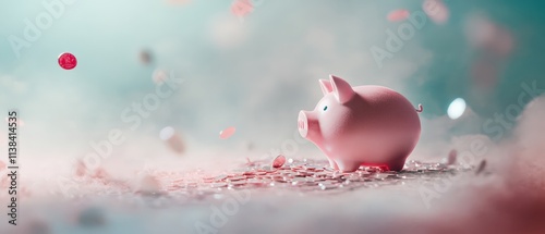 Piggy bank celebration imaginative landscape digital art whimsical environment playful viewpoint saving money concept