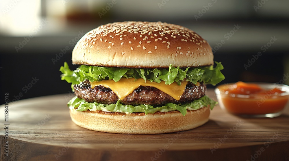 Delicious hamburger delight fast food restaurant mouthwatering junk food indoor setting close-up Delicious hamburger delight fast food restaurant mouthwatering junk food indoor setting close-up