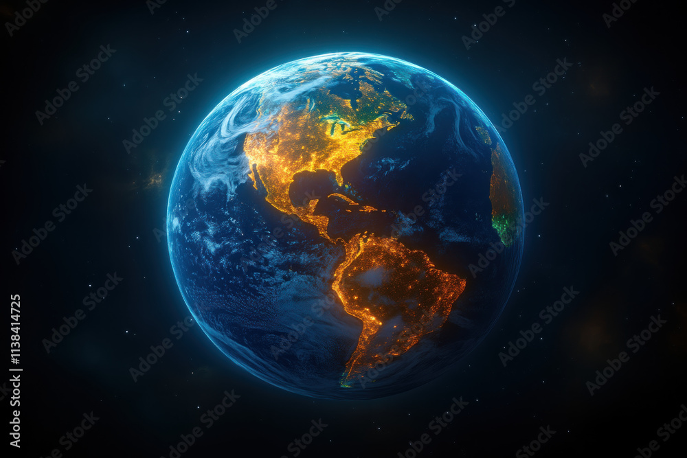 Fototapeta premium Earth globe with lights, view from space.
