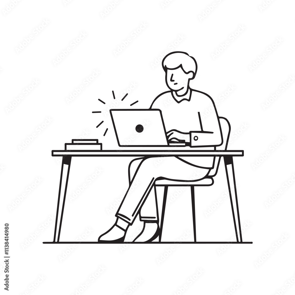 A vector outline style icon a man working on desk with a laptop. a minimalist workspace, ideal for co-working themes concepts A vector outline style icon a man working on desk with a laptop. a minimalist workspace, ideal for co-working themes concepts