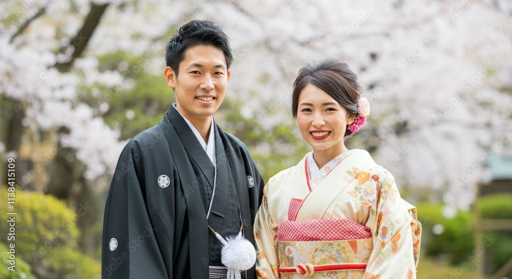Asian couple in traditional kimono attire celebrating cherry blossom season Asian couple in traditional kimono attire celebrating cherry blossom season