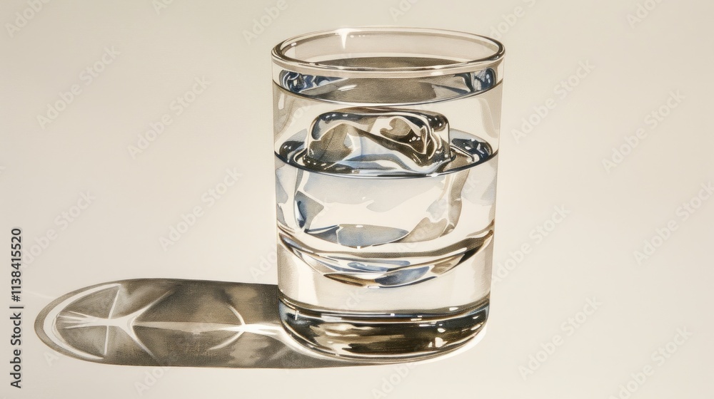 Glass of water with ice cube casting shadow. Glass of water with ice cube casting shadow.