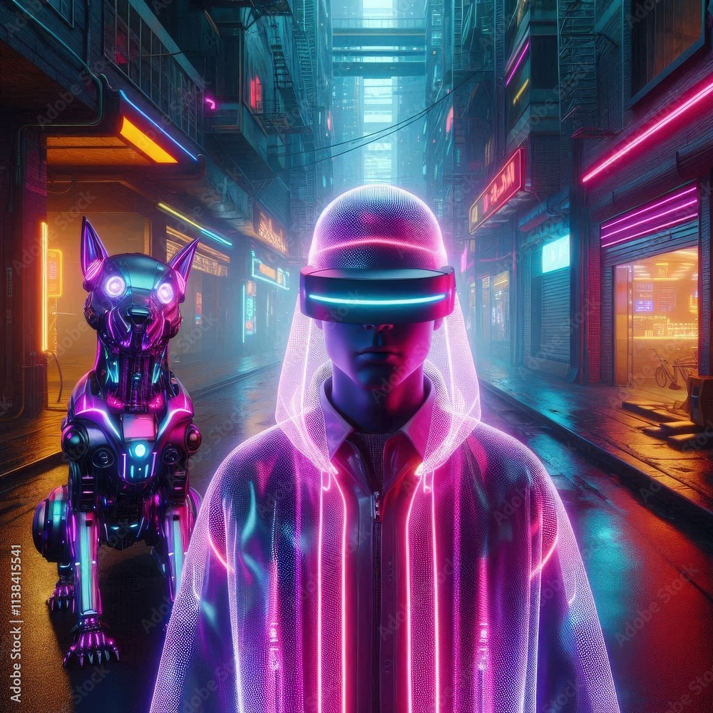 Futuristic cyberpunk adventure in a neon-lit alley with a robotic companion at dusk Futuristic cyberpunk adventure in a neon-lit alley with a robotic companion at dusk