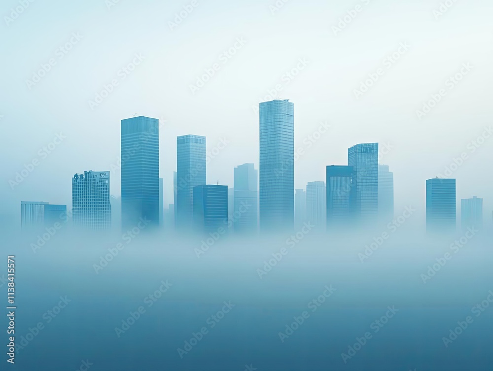 Skyline of modern skyscrapers emerging from a dense fog creating a mysterious ambiance.