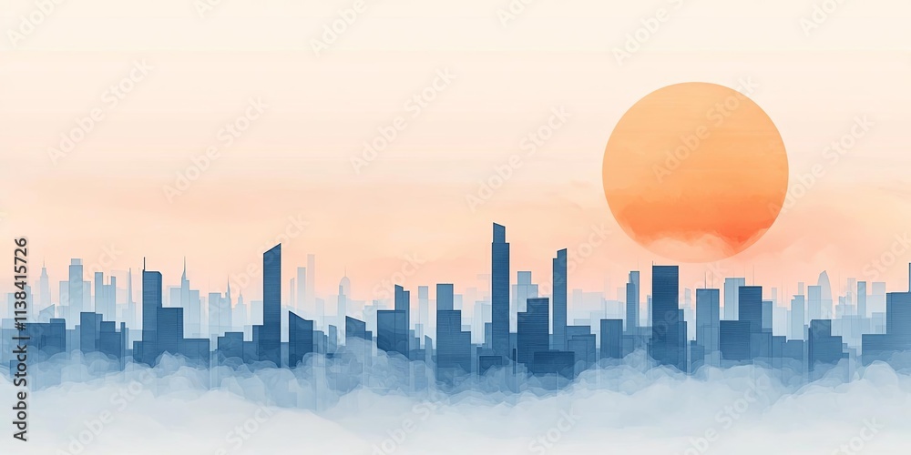 Fototapeta premium Beautiful skyline at dusk with a stunning sunset illuminating the buildings.