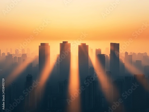 Silhouetted city skyline during sunset with dramatic light rays piercing through the buildings.