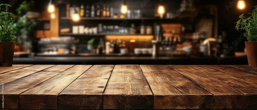 Rustic wooden table in front of a blurred bar background. Rustic wooden table in front of a blurred bar background.