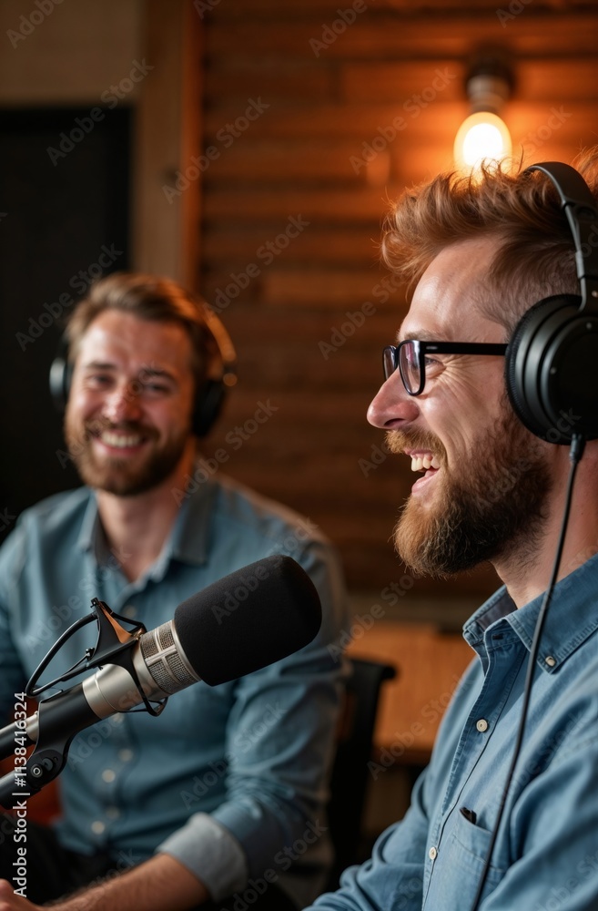 Podcast Joy: Two cheerful podcast hosts, wearing headphones and sharing a laugh while recording their show. The dynamic duo's infectious energy and genuine connection radiates through the image. Podcast Joy: Two cheerful podcast hosts, wearing headphones and sharing a laugh while recording their show. The dynamic duo's infectious energy and genuine connection radiates through the image.