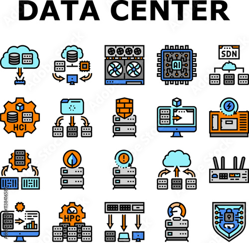 next gen data center automation icons set vector. virtualization scalability, efficiency cloud, edge, ai, iot, security, analytics next gen data center automation color line illustrations