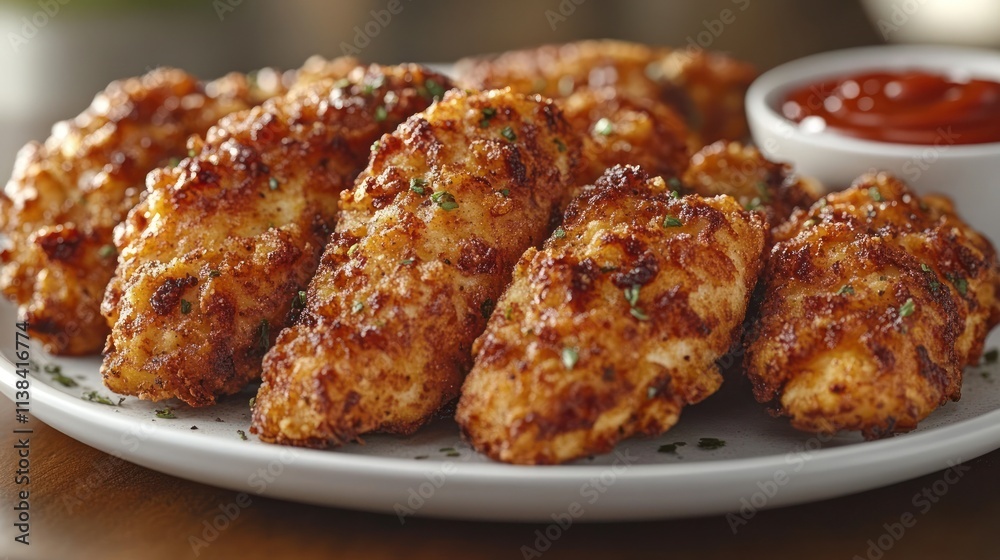 Crispy breaded chicken tenders served with ketchup. Crispy breaded chicken tenders served with ketchup.