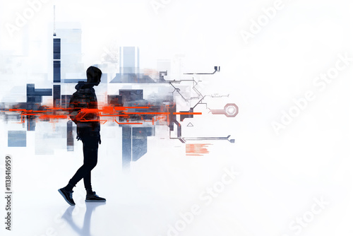 Silhouetted figure walks through a futuristic cityscape with abstract digital elements and glowing red technology lines