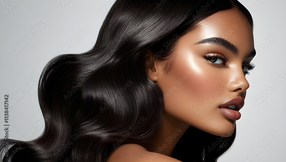 Fototapeta premium Insanely detailed photo of a beautiful woman with long black hair, she is posing for the camera on a light background. Generative AI.