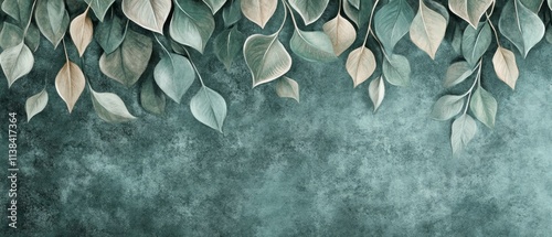 topical leaves hanging from the top large leaves art drawing on a texture background