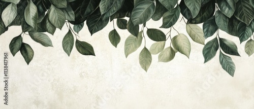 topical leaves hanging from the top large leaves art drawing on a texture background photo