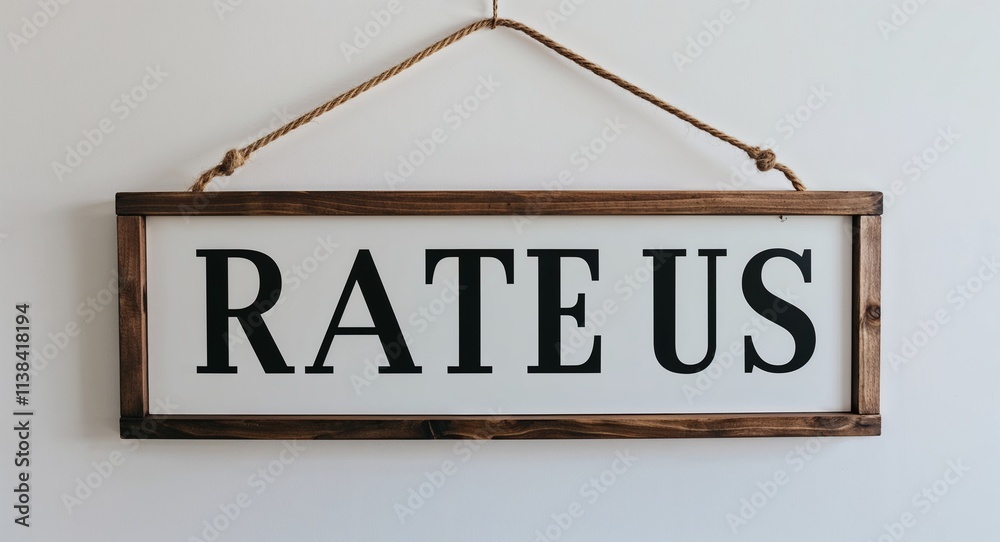 Rate Us lettering on hanging sign board on plain white background Rate Us lettering on hanging sign board on plain white background
